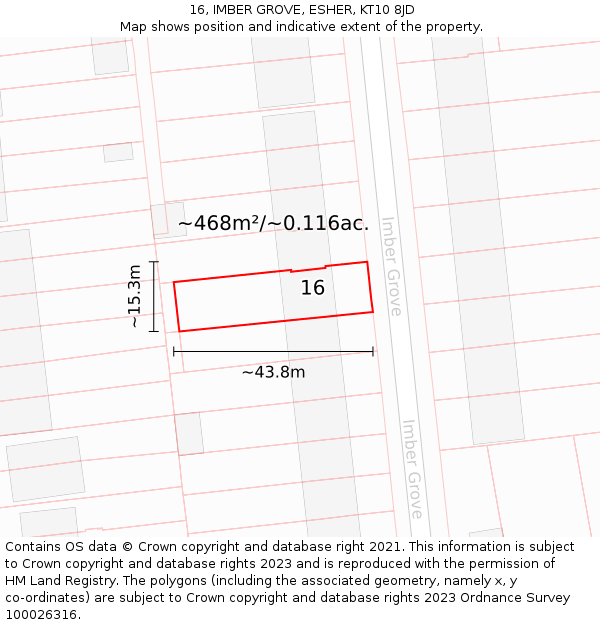 16, IMBER GROVE, ESHER, KT10 8JD: Plot and title map