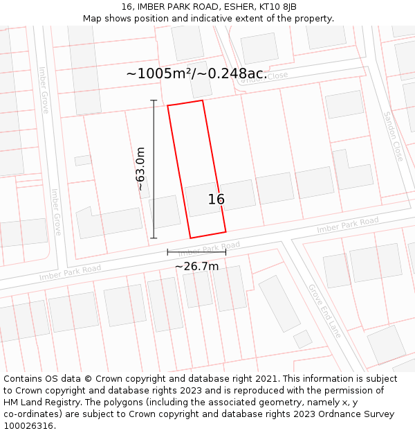 16, IMBER PARK ROAD, ESHER, KT10 8JB: Plot and title map