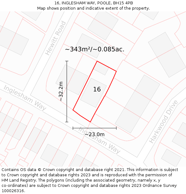 16, INGLESHAM WAY, POOLE, BH15 4PB: Plot and title map