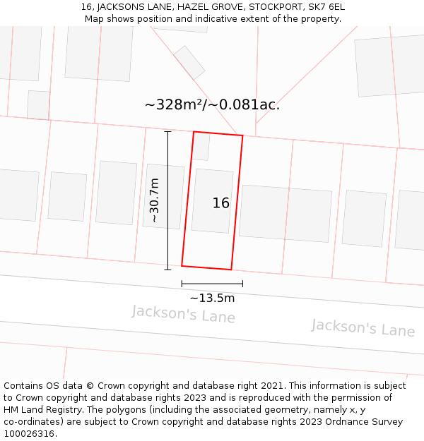 16, JACKSONS LANE, HAZEL GROVE, STOCKPORT, SK7 6EL: Plot and title map