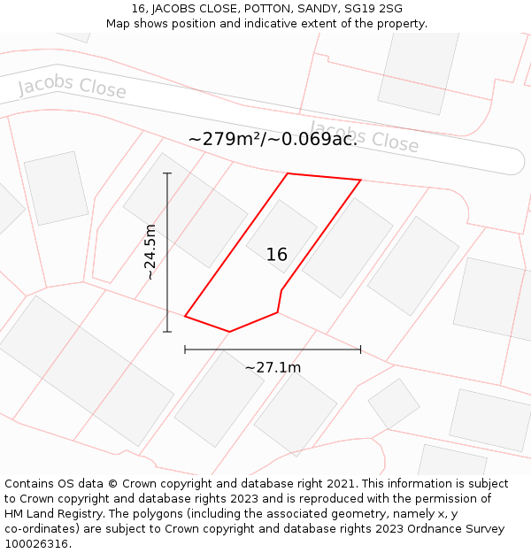 16, JACOBS CLOSE, POTTON, SANDY, SG19 2SG: Plot and title map