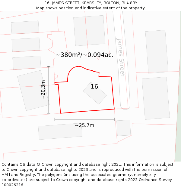 16, JAMES STREET, KEARSLEY, BOLTON, BL4 8BY: Plot and title map