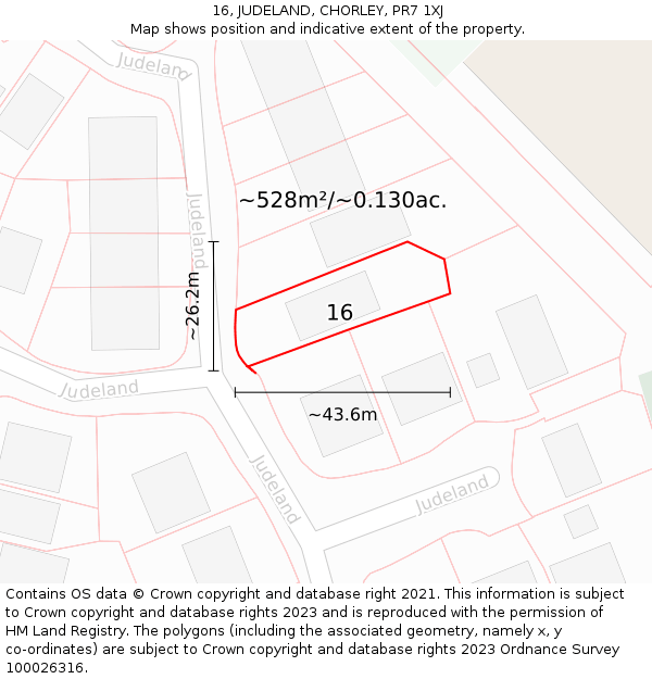 16, JUDELAND, CHORLEY, PR7 1XJ: Plot and title map