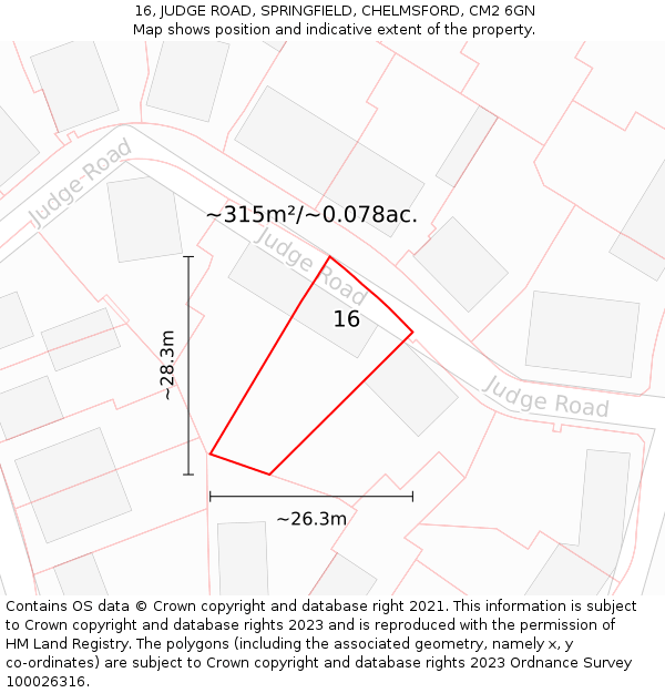 16, JUDGE ROAD, SPRINGFIELD, CHELMSFORD, CM2 6GN: Plot and title map