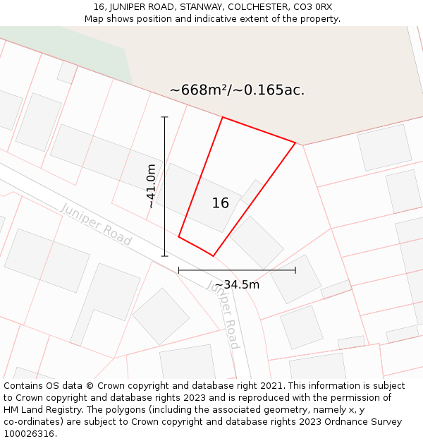 16, JUNIPER ROAD, STANWAY, COLCHESTER, CO3 0RX: Plot and title map