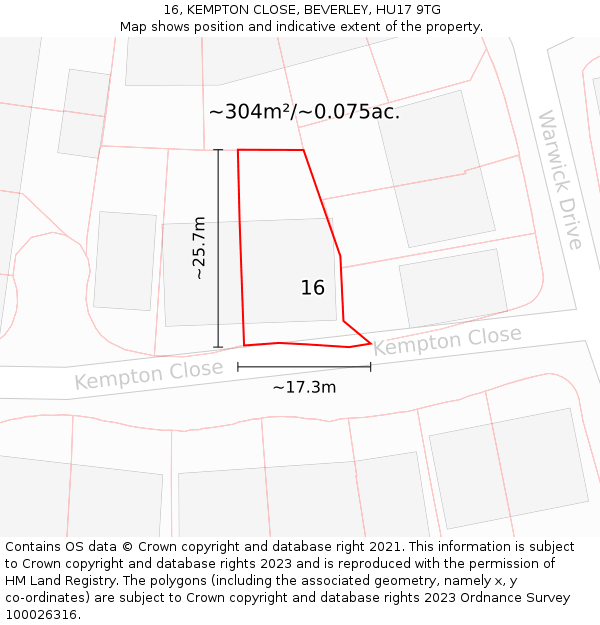 16, KEMPTON CLOSE, BEVERLEY, HU17 9TG: Plot and title map