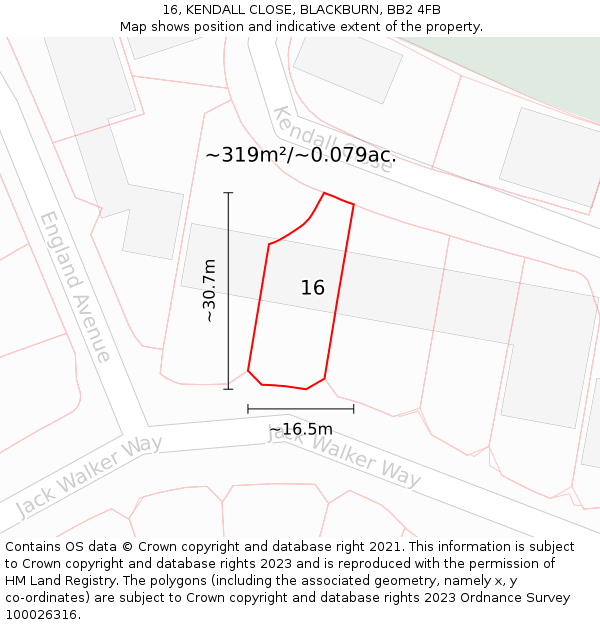 16, KENDALL CLOSE, BLACKBURN, BB2 4FB: Plot and title map