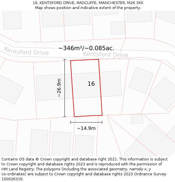 16, KENTSFORD DRIVE, RADCLIFFE, MANCHESTER, M26 3XX: Plot and title map