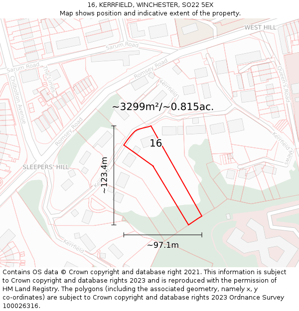 16, KERRFIELD, WINCHESTER, SO22 5EX: Plot and title map