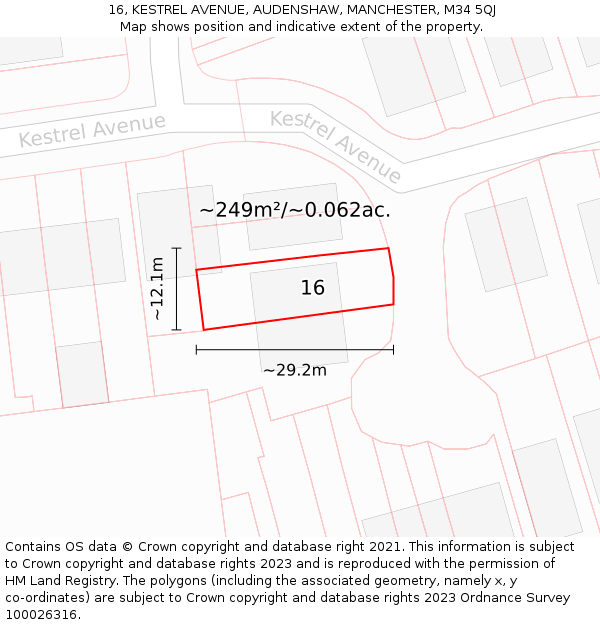 16, KESTREL AVENUE, AUDENSHAW, MANCHESTER, M34 5QJ: Plot and title map