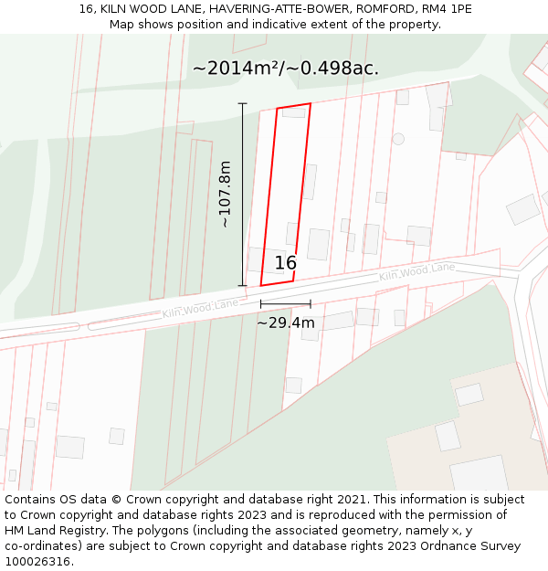 16, KILN WOOD LANE, HAVERING-ATTE-BOWER, ROMFORD, RM4 1PE: Plot and title map