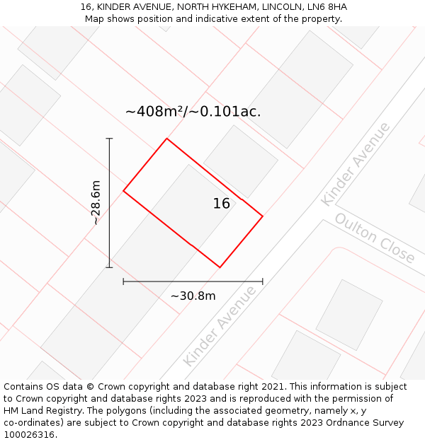 16, KINDER AVENUE, NORTH HYKEHAM, LINCOLN, LN6 8HA: Plot and title map
