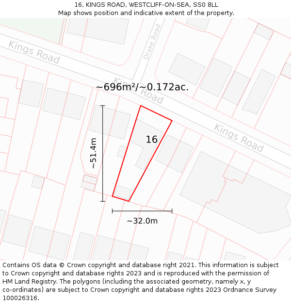 16, KINGS ROAD, WESTCLIFF-ON-SEA, SS0 8LL: Plot and title map