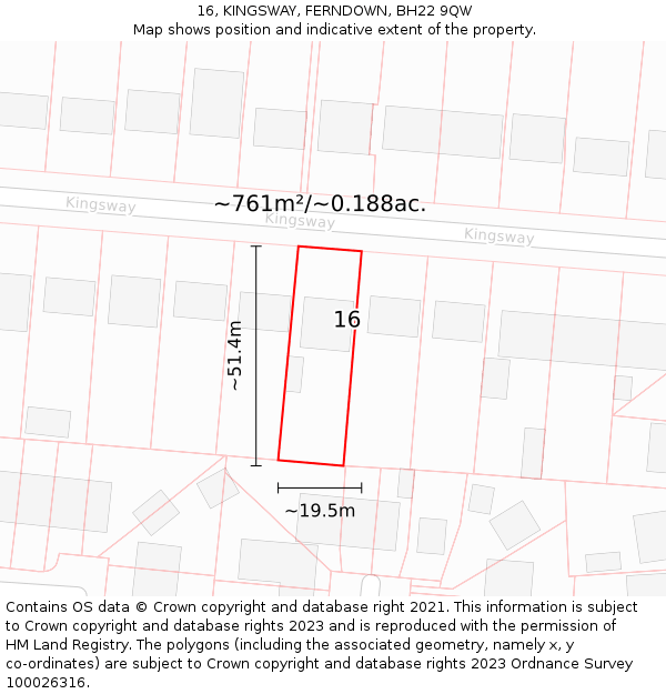 16, KINGSWAY, FERNDOWN, BH22 9QW: Plot and title map