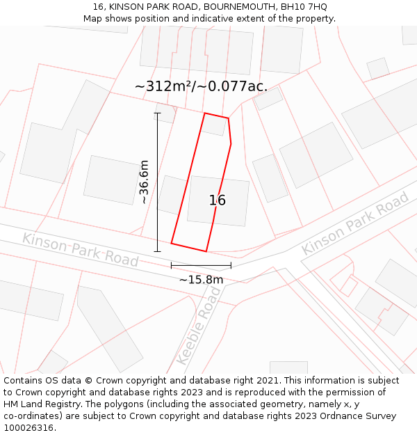 16, KINSON PARK ROAD, BOURNEMOUTH, BH10 7HQ: Plot and title map