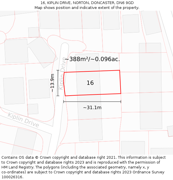 16, KIPLIN DRIVE, NORTON, DONCASTER, DN6 9GD: Plot and title map