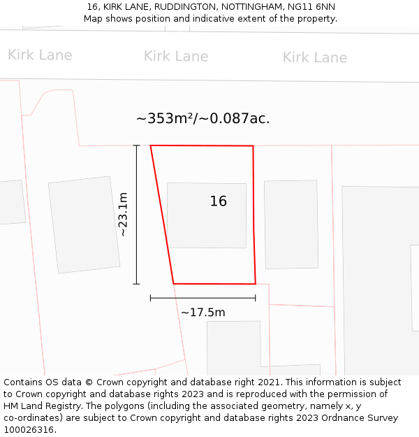 16, KIRK LANE, RUDDINGTON, NOTTINGHAM, NG11 6NN: Plot and title map