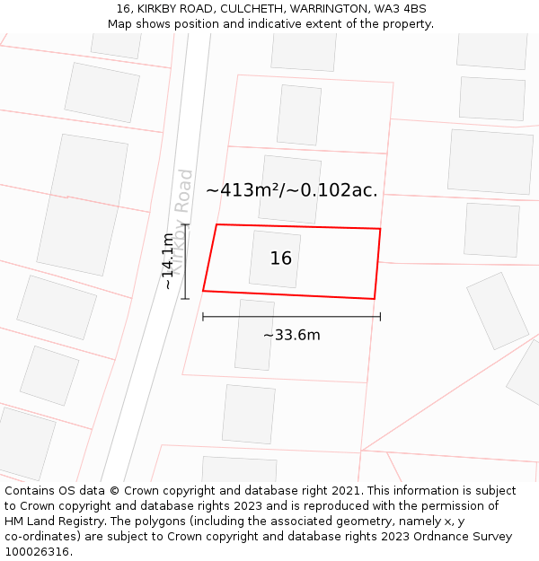 16, KIRKBY ROAD, CULCHETH, WARRINGTON, WA3 4BS: Plot and title map