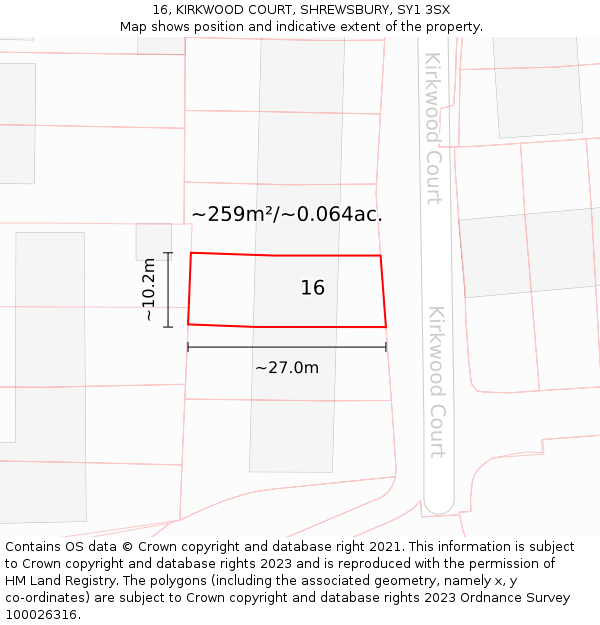 16, KIRKWOOD COURT, SHREWSBURY, SY1 3SX: Plot and title map