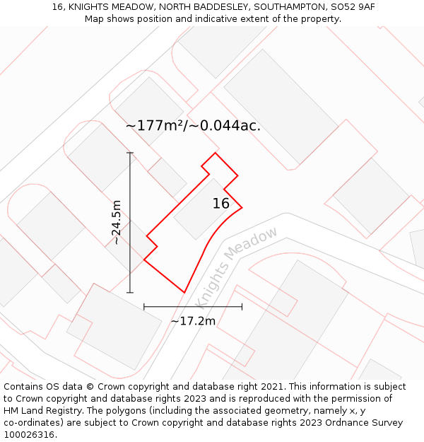 16, KNIGHTS MEADOW, NORTH BADDESLEY, SOUTHAMPTON, SO52 9AF: Plot and title map