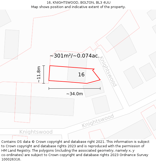 16, KNIGHTSWOOD, BOLTON, BL3 4UU: Plot and title map