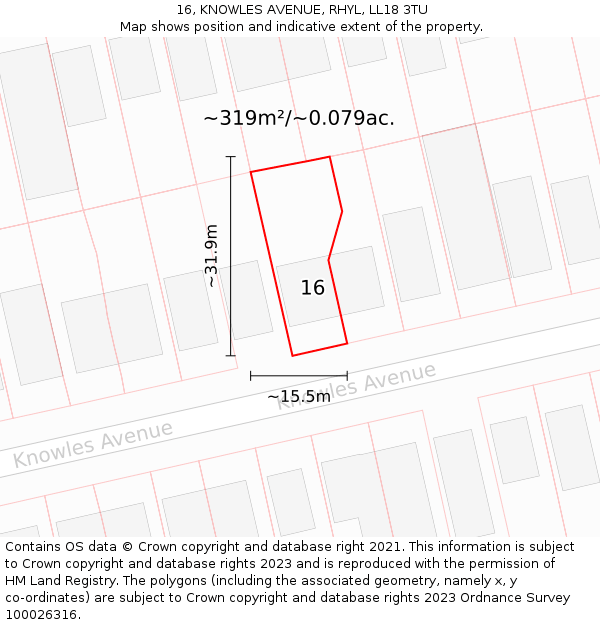 16, KNOWLES AVENUE, RHYL, LL18 3TU: Plot and title map