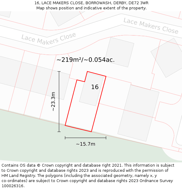 16, LACE MAKERS CLOSE, BORROWASH, DERBY, DE72 3WR: Plot and title map