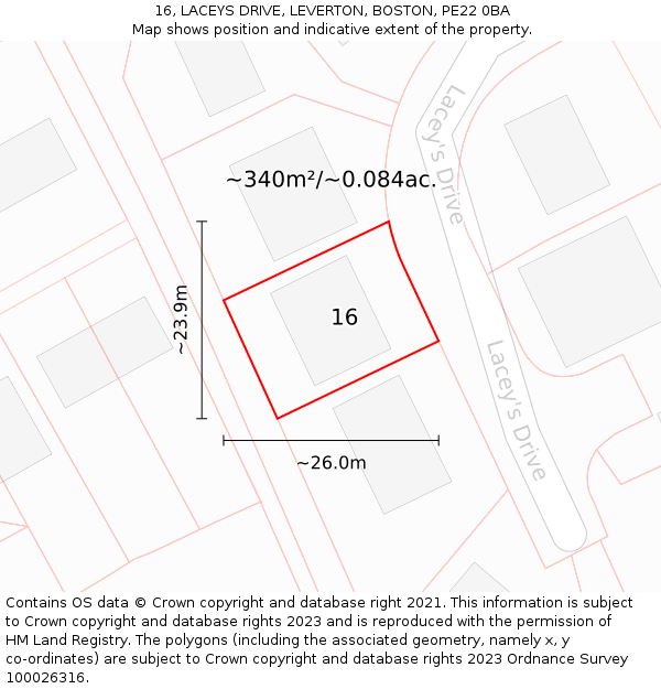 16, LACEYS DRIVE, LEVERTON, BOSTON, PE22 0BA: Plot and title map