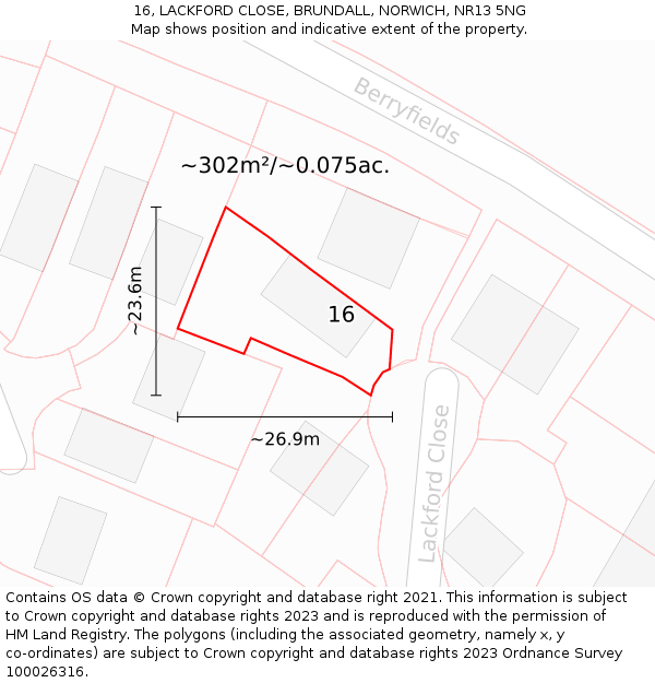 16, LACKFORD CLOSE, BRUNDALL, NORWICH, NR13 5NG: Plot and title map