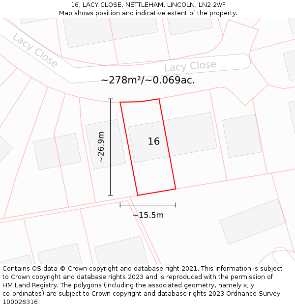 16, LACY CLOSE, NETTLEHAM, LINCOLN, LN2 2WF: Plot and title map