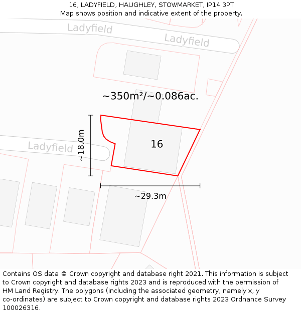 16, LADYFIELD, HAUGHLEY, STOWMARKET, IP14 3PT: Plot and title map