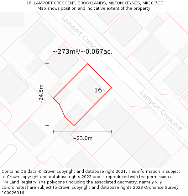 16, LAMPORT CRESCENT, BROOKLANDS, MILTON KEYNES, MK10 7GE: Plot and title map