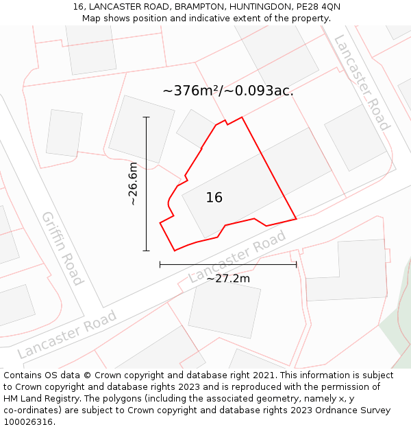 16, LANCASTER ROAD, BRAMPTON, HUNTINGDON, PE28 4QN: Plot and title map