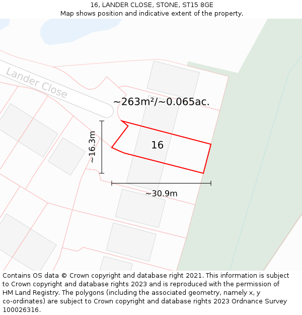 16, LANDER CLOSE, STONE, ST15 8GE: Plot and title map