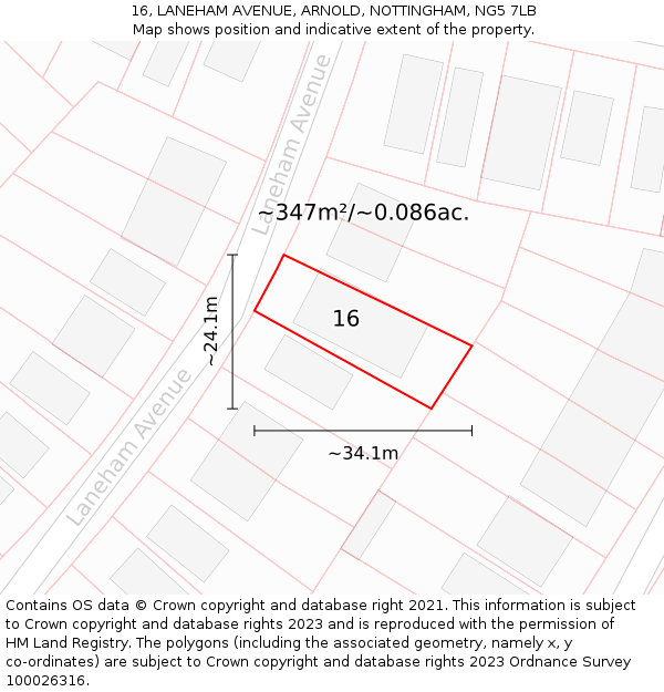 16, LANEHAM AVENUE, ARNOLD, NOTTINGHAM, NG5 7LB: Plot and title map