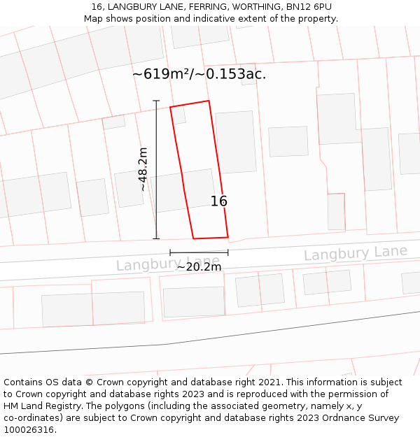 16, LANGBURY LANE, FERRING, WORTHING, BN12 6PU: Plot and title map