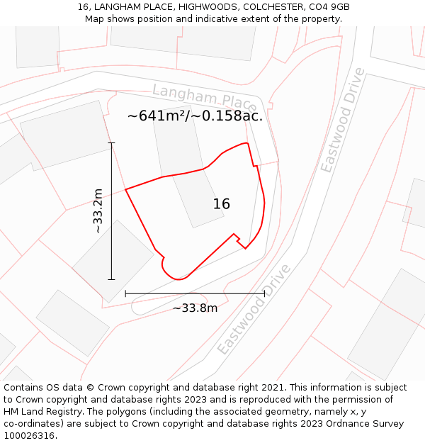 16, LANGHAM PLACE, HIGHWOODS, COLCHESTER, CO4 9GB: Plot and title map