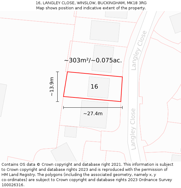 16, LANGLEY CLOSE, WINSLOW, BUCKINGHAM, MK18 3RG: Plot and title map