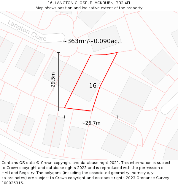 16, LANGTON CLOSE, BLACKBURN, BB2 4FL: Plot and title map