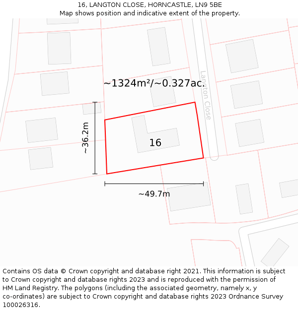 16, LANGTON CLOSE, HORNCASTLE, LN9 5BE: Plot and title map