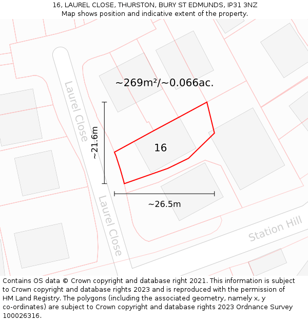 16, LAUREL CLOSE, THURSTON, BURY ST EDMUNDS, IP31 3NZ: Plot and title map