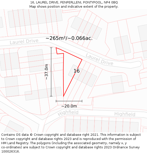 16, LAUREL DRIVE, PENPERLLENI, PONTYPOOL, NP4 0BQ: Plot and title map