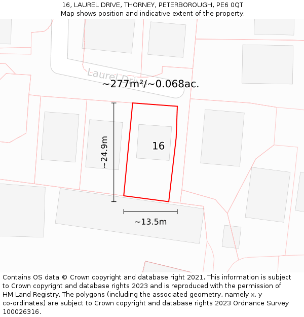 16, LAUREL DRIVE, THORNEY, PETERBOROUGH, PE6 0QT: Plot and title map