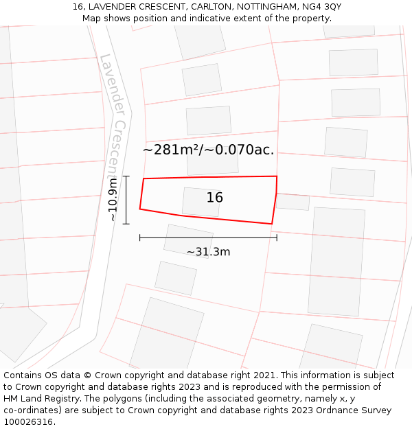 16, LAVENDER CRESCENT, CARLTON, NOTTINGHAM, NG4 3QY: Plot and title map