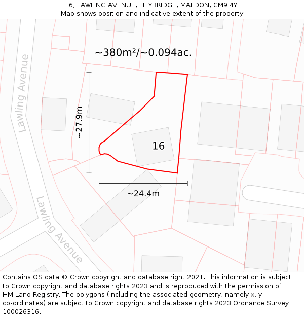 16, LAWLING AVENUE, HEYBRIDGE, MALDON, CM9 4YT: Plot and title map