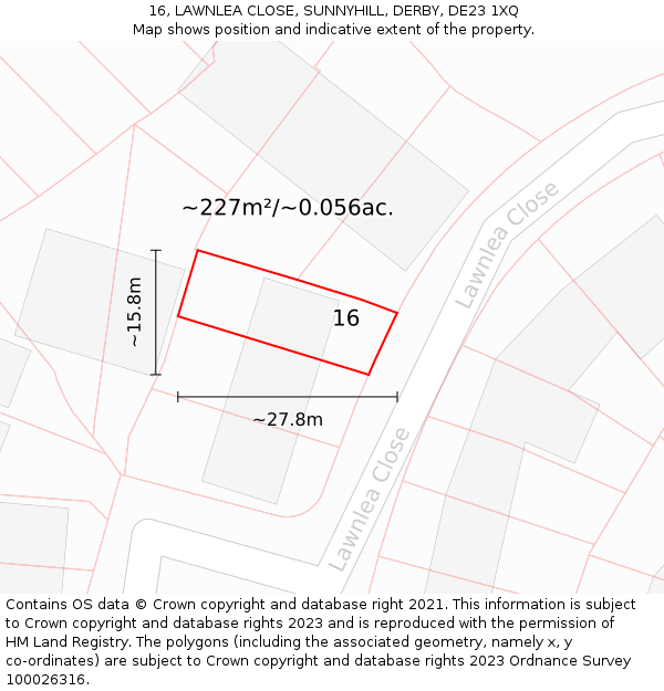 16, LAWNLEA CLOSE, SUNNYHILL, DERBY, DE23 1XQ: Plot and title map