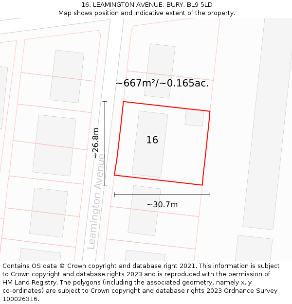 16, LEAMINGTON AVENUE, BURY, BL9 5LD: Plot and title map