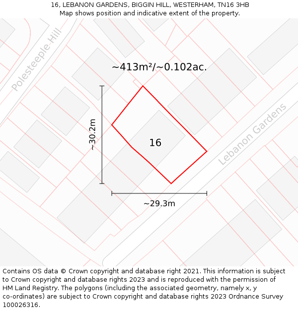 16, LEBANON GARDENS, BIGGIN HILL, WESTERHAM, TN16 3HB: Plot and title map