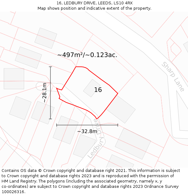 16, LEDBURY DRIVE, LEEDS, LS10 4RX: Plot and title map