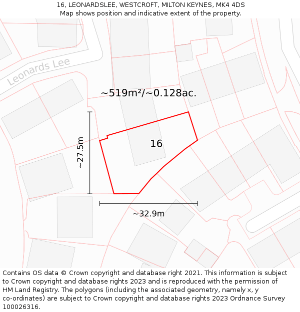 16, LEONARDSLEE, WESTCROFT, MILTON KEYNES, MK4 4DS: Plot and title map